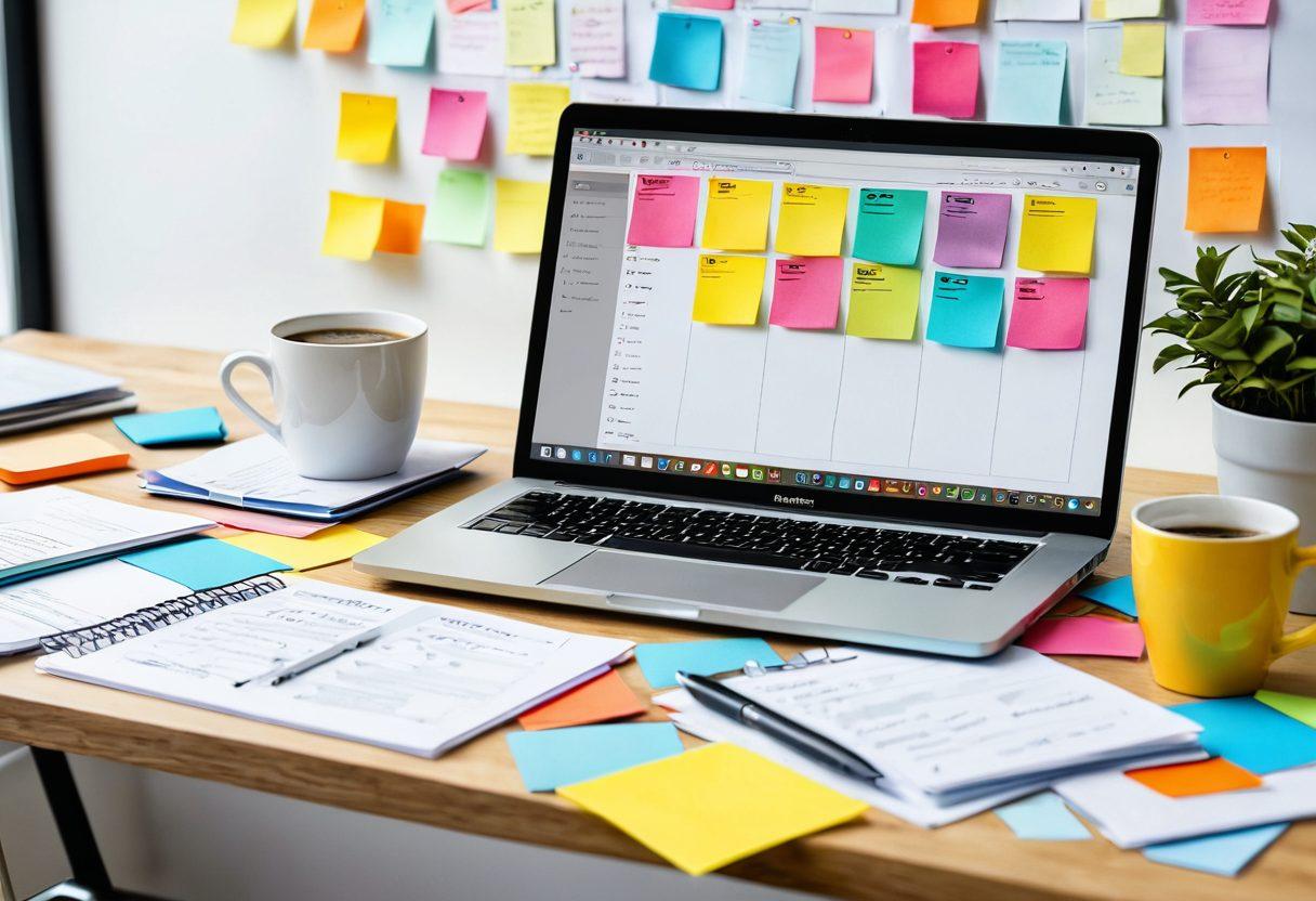 A visually appealing illustration of a modern workspace, featuring a laptop with an open submission form, colorful sticky notes scattered around, a steaming cup of coffee, and a checklist on the desk. The background showcases a blurred abstract representation of digital collaboration, highlighting efficiency and productivity. super-realistic. vibrant colors. clean white background.
