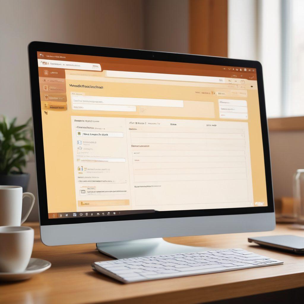 A close-up of a user-friendly digital submission portal interface on a computer screen, showcasing organized upload tabs with simple icons. Include a casual workspace setting with a cup of coffee and notepad beside the laptop to create a comforting atmosphere. A lightbulb icon to symbolize ideas and best practices appearing above the screen. warm colors. modern flat design.