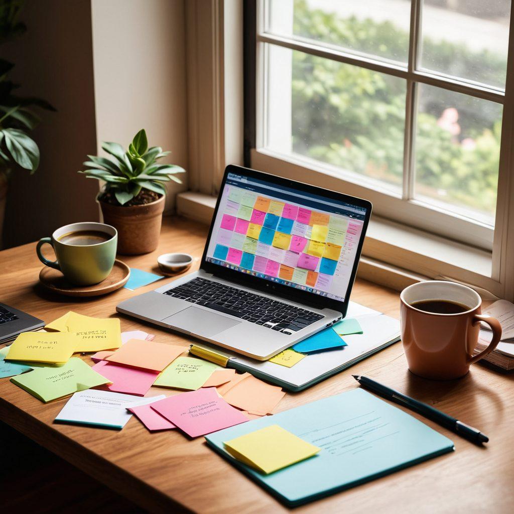 An engaging flat lay of a clean wooden desk featuring a laptop open to a document submission page, surrounded by colorful post-it notes with submission tips, a steaming cup of coffee, a stylish pen, and a gentle sunlight streaming in from a window. Include hints of organization like a planner and neatly stacked folders for an inviting work atmosphere. super-realistic. vibrant colors. natural light.